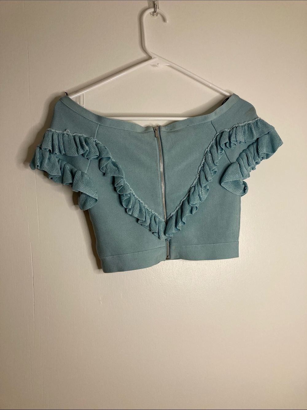 bebe Powder Blue Ruffle Off-Shoulder Crop Top - Picture 3 of 9